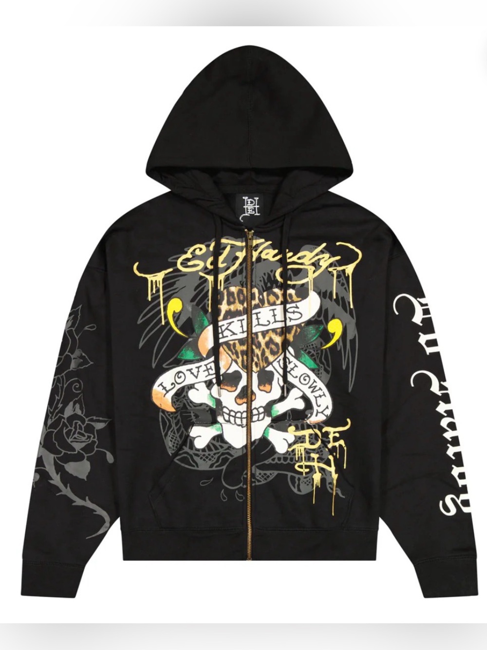 NWT Ed Hardy Black LKS SKULL BOXY ZIP HOODIE Size M